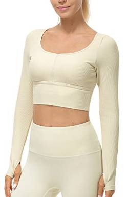 icyzone Damen Yoga Crop Top Langarm Sport Shirt mit Integriertem BH, Fitness Bauchfrei Oberteil Langarmshirt (Cream White, L) von icyzone