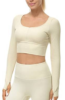 icyzone Damen Yoga Crop Top Langarm Sport Shirt mit Integriertem BH, Fitness Bauchfrei Oberteil Langarmshirt (Cream White, S) von icyzone