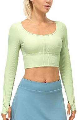 icyzone Damen Yoga Crop Top Langarm Sport Shirt mit Integriertem BH, Fitness Bauchfrei Oberteil Langarmshirt (Pastel Green, L) von icyzone