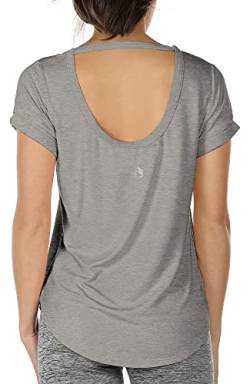 icyzone Damen Yoga T-Shirt Rückenfrei Sport Freizeit Tops Kurzarm Oberteile Loose Casual V-Ausschnitt Shirt (L, Grau) von icyzone