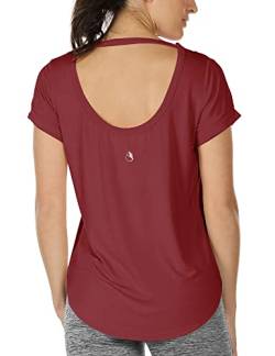 icyzone Damen Yoga T-Shirt Rückenfrei Sport Freizeit Tops Kurzarm Oberteile Loose Casual V-Ausschnitt Shirt (S, Weinrot) von icyzone