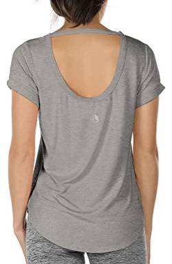 icyzone Damen Yoga T-Shirt Rückenfrei Sport Freizeit Tops Kurzarm Oberteile Loose Casual V-Ausschnitt Shirt (XL, Grau) von icyzone