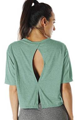 icyzone Sport T-Shirt Damen Fitness Kurzarm Shirt Rückenfrei Yoga Crop Top Oberteile Loose Fit (L, Green) von icyzone