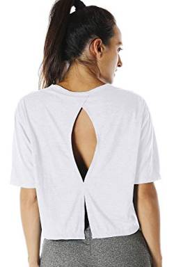 icyzone Sport T-Shirt Damen Fitness Kurzarm Shirt Rückenfrei Yoga Crop Top Oberteile Loose Fit (M, White) von icyzone