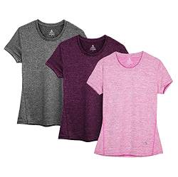 icyzone Sport T-Shirt Damen Kurzarm Laufshirt - Atmungsaktive Fitness Gym Shirt Sport Oberteile, 3er Pack (L, Charcoal/Red Bud/Pink) von icyzone