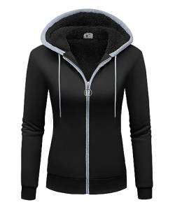 igeekwell Fleecejacke Damen mit Kapuze Sweatjacke Outdoor Winter Jacke mit Fleecefutter Hoodie Damen mit Gefüttert Herbst Hooded Winterjacket Fleecepullover für Damen(Schwarz-2XL) von igeekwell