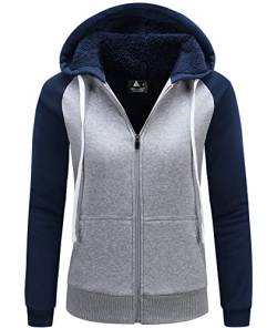 igeekwell Hoodie Damen mit Reißverschluss Fleecejacke Damen Gefüttert mit Kapuze Warm Kapuzajacke mit Fleecefutter Outdoor Sweatjacke mit Teddyfutter Winterjacke(Dunkelblau Hellgrau-S) von igeekwell