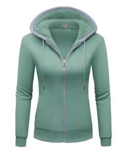 igeekwell Kapuzenjacke Gefüttert Damen Jacke Fleecejacke mit Kapuze Outdoor Sweatjacke mit Teddyfutter Damen Kapuzenpullover mit Reißverschluss Warm Strickjacke für Damen(Bohnengrün-2XL) von igeekwell