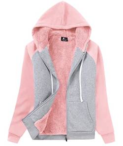 igeekwell Sweatjacke mit Teddyfutter Damen Kapuzenpullover mit Fleece Warm Jacke Damen Sweat Outdoor Hoodie Gefüttert Damen Winterjacke Kapuzenjacke Damen Gefüttert(Dunkelros Hellgrau-L) von igeekwell