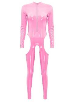 iiniim Damen Catsuit Wetlook Leder-Optik Overall Ganzkörperanzug Einteiler Ouvert-Body Anzug Leggings Jumpsuit Gogo Party Clubwear D Rosa A L von iiniim