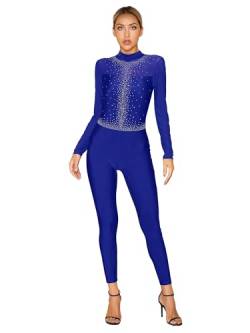 iiniim Damen Glitzer Ballettanzug Langarm Eiskunstlauf Body Overall Patchwork mit Strass Akrobatik Anzug Gymnastik Turnanzug Wettbewerb Tanzkostüm A Royal Blau A S von iiniim