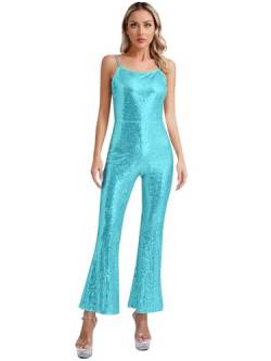 iiniim Damen Jumpsuit Glitzer Ärmellos Body Overall Glänzend Hosenanzug Pailletten Schlaghose Leggings Disco Karneval Tanzkostüm Hellblau L von iiniim