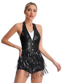 iiniim Damen Latein Tanzkleid Glitzer Ballettkleid Pailletten Fransen Jumpsuit Overall Jazz Tanzkleidung Ballsaal Show Performance Tanzkostüm A Schwarz L von iiniim