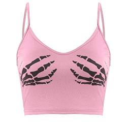 iiniim Damen Leibchen Top Crop Tank Top mit Skelett Hände Druck Bauchfrei Oberteile Weste Unterhemd Party Clubwear Shirt Aa Rosa L von iiniim