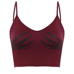 iiniim Damen Leibchen Top Crop Tank Top mit Skelett Hände Druck Bauchfrei Oberteile Weste Unterhemd Party Clubwear Shirt Aa Weinrot M von iiniim