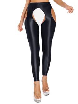 iiniim Damen Strumpfhosen Glossy Hose Ouvert Leggings Tight Pants Lange Unterhose Pantyhose Nylon Strümpfe Socken M-XL F Schwarz M von iiniim