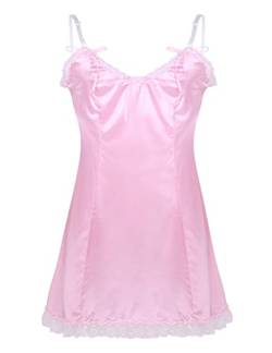 iiniim Herren Damen Satin Nachthemd Sissy Nachtkleid Schlafanzug Negligee Crossdresser Kostüm Dessous Nachtwäsche M-3XL Rosa XXL von iiniim