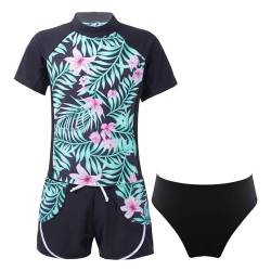 iiniim Kinder Mädchen Badeset UV-Schutz Badeanzug Blumen Druck Zweiteiler Bikini Tops mit Badeshorts Bademode Schwimmanzug Gr.98-176 A Schwarz 146-152 von iiniim