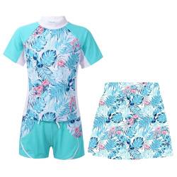 iiniim Kinder Mädchen Badeset UV-Schutz Badeanzug Blumen Druck Zweiteiler Bikini Tops mit Badeshorts Bademode Schwimmanzug Gr.98-176 F Hellgrün 122-128 von iiniim