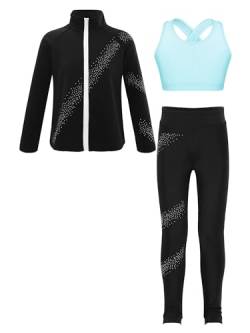 iiniim Kinder Mädchen Eiskunstlauf Anzug Glitzer Strass Langarm Sweatjacke + Hose Leggings Sport Trainingsanzug Yoga Gym Eislaufen Tanzkleidung A Hellblau A 134-140 von iiniim