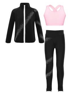 iiniim Kinder Mädchen Eiskunstlauf Anzug Glitzer Strass Langarm Sweatjacke + Hose Leggings Sport Trainingsanzug Yoga Gym Eislaufen Tanzkleidung A Rosa A 146-152 von iiniim