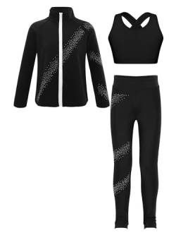 iiniim Kinder Mädchen Eiskunstlauf Anzug Glitzer Strass Langarm Sweatjacke + Hose Leggings Sport Trainingsanzug Yoga Gym Eislaufen Tanzkleidung A Schwarz A 146-152 von iiniim