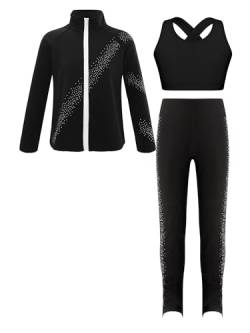 iiniim Kinder Mädchen Eiskunstlauf Anzug Glitzer Strass Langarm Sweatjacke + Hose Leggings Sport Trainingsanzug Yoga Gym Eislaufen Tanzkleidung Ac Schwarz 134-140 von iiniim