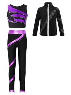 iiniim Kinder Mädchen Eiskunstlauf Anzug Glitzer Strass Langarm Sweatjacke + Hose Leggings Sport Trainingsanzug Yoga Gym Eislaufen Tanzkleidung Ad Lila 146-152 von iiniim