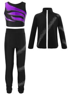 iiniim Kinder Mädchen Eiskunstlauf Anzug Glitzer Strass Langarm Sweatjacke + Hose Leggings Sport Trainingsanzug Yoga Gym Eislaufen Tanzkleidung Ae Lila&Schwarz 122-128 von iiniim