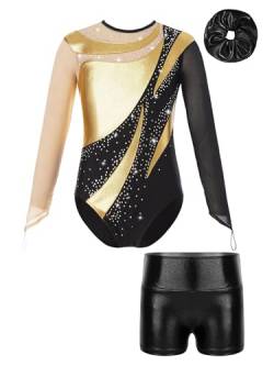 iiniim Kinder Mädchen Turnanzug Gymnastikanzug mit Shorts Haarband Glänzend Gymnastik Leotard Trikotanzug Wettbewerb Tanzkostüm A Gold&Schwarz 134-140 von iiniim