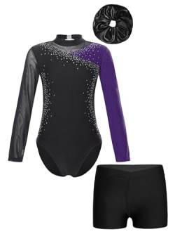 iiniim Kinder Mädchen Turnanzug Gymnastikanzug mit Shorts Haarband Glänzend Gymnastik Leotard Trikotanzug Wettbewerb Tanzkostüm A Lila 122-128 von iiniim