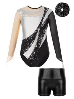 iiniim Kinder Mädchen Turnanzug Gymnastikanzug mit Shorts Haarband Glänzend Gymnastik Leotard Trikotanzug Wettbewerb Tanzkostüm A Silber&Schwarz 122-128 von iiniim