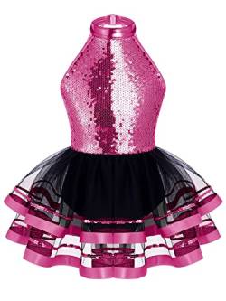 iiniim Mädchen Ballettkleid Eiskunstlauf Kleid Glitzer Pailletten Tanzkleid Ärmellos Ballettanzug mit Tutu Rock Hip Hop Jazz Tanzkostüm Wettbewerb A Rose 170-176 von iiniim