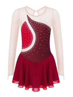 iiniim Mädchen Eiskunstlauf Kleid Glitzer Ballettkleid Langarm Rollschuhkleid Ballerina Latein Tanzkleid Eislaufen Gymnastik Wettbewerb Gr.110-176 Ba Weinrot A 122-128 von iiniim