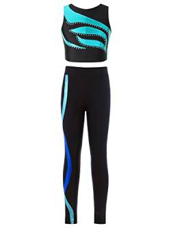 iiniim Mädchen Sport Kleidung Set Jogginganzug Farbblock Sport BH Crop Top Oberteile mit Fitness Hose Jogger Tanz Yoga Training Gr.110-176 E Lake Grün&Blau 134-140 von iiniim