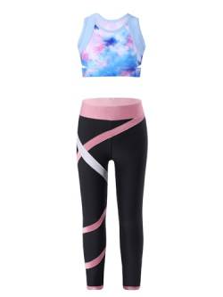 iiniim Mädchen Sport Kleidung Set Jogginganzug Schmetterling Druck Crop Top Oberteile mit Fitness Hose Jogger Tanz Yoga Training I Blau&Rosa B 134-140 von iiniim