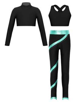 iiniim Mädchen Sport Kleidung Set Jogginganzug Schmetterling Druck Crop Top Oberteile mit Fitness Hose Jogger Tanz Yoga Training K Schwarz&Blau Grün 146-152 von iiniim