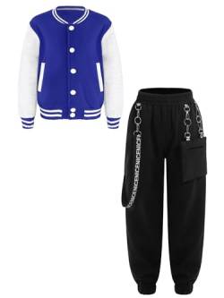 iiniim Mädchen Sport Set Baseball Jacke College Sweatjacke + Cargohose/Faltenrock Sportanzug Trainingsanzug Hip Hop Jazz Street Dance Outfits A Royal Blau 134-140 von iiniim