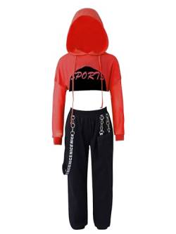 iiniim Mädchen Sport Set Langarmshirt Crop Tops + Sport BH Bustier + Cargohose Kinder Sport Trikot Hip Hop Kleidung Street Dance Outfits Gr.98-176 Aa Rot A 110-116 von iiniim