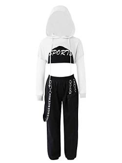 iiniim Mädchen Sport Set Langarmshirt Crop Tops + Sport BH Bustier + Cargohose Kinder Sport Trikot Hip Hop Kleidung Street Dance Outfits Gr.98-176 Aa Weiß A 170-176 von iiniim