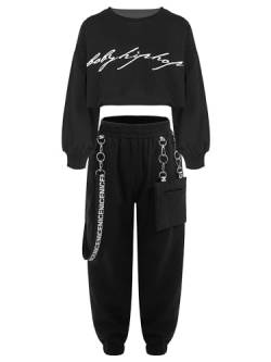 iiniim Mädchen Sport Set Langarmshirt Crop Tops + Sport BH Bustier + Cargohose Kinder Sport Trikot Hip Hop Kleidung Street Dance Outfits Gr.98-176 Ba Schwarz 122-128 von iiniim