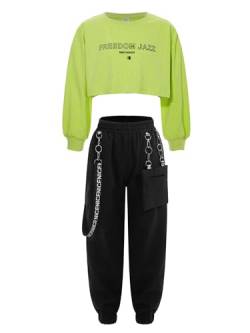 iiniim Mädchen Sport Set Langarmshirt Crop Tops + Sport BH Bustier + Cargohose Kinder Sport Trikot Hip Hop Kleidung Street Dance Outfits Gr.98-176 Bc Grün 122-128 von iiniim