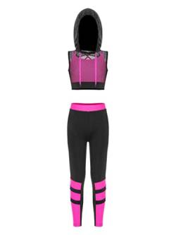 iiniim Mädchen Sport Set Langarmshirt Crop Tops + Sport BH Bustier + Cargohose Kinder Sport Trikot Hip Hop Kleidung Street Dance Outfits Gr.98-176 Hv Dunkel Rosa 146-152 von iiniim