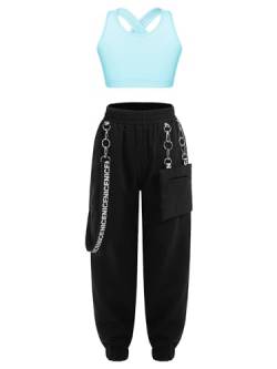 iiniim Mädchen Sport Set Sport BH Bustier Crop Tops + Cargohose Kinder Sport Trikot Hip Hop Kleidung Jazz Street Dance Outfits Gr.98-176 B Hellblau 158-164 von iiniim