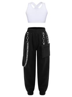 iiniim Mädchen Sport Set Sport BH Bustier Crop Tops + Cargohose Kinder Sport Trikot Hip Hop Kleidung Jazz Street Dance Outfits Gr.98-176 B Weiß 134-140 von iiniim