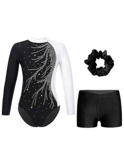 iiniim Mädchen Turnanzug Glitzer Gymnastikanzug mit Shorts Haarband Trikotanzug Langarm Gymnastik Leotard Wettbewerb Tanzkostüm A Weiß&Schwarz A 122-128 von iiniim