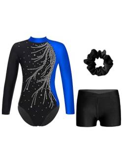 iiniim Mädchen Turnanzug Glitzer Gymnastikanzug mit Shorts Haarband Trikotanzug Langarm Gymnastik Leotard Wettbewerb Tanzkostüm B Blau&Schwarz 122-128 von iiniim