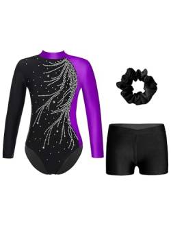 iiniim Mädchen Turnanzug Glitzer Gymnastikanzug mit Shorts Haarband Trikotanzug Langarm Gymnastik Leotard Wettbewerb Tanzkostüm B Lila&Schwarz 134-140 von iiniim