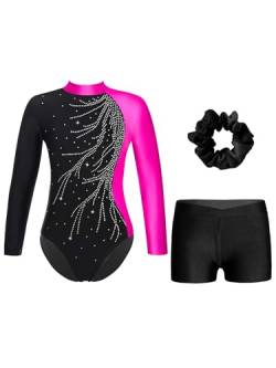 iiniim Mädchen Turnanzug Glitzer Gymnastikanzug mit Shorts Haarband Trikotanzug Langarm Gymnastik Leotard Wettbewerb Tanzkostüm B Rosa&Schwarz 134-140 von iiniim