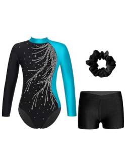 iiniim Mädchen Turnanzug Glitzer Gymnastikanzug mit Shorts Haarband Trikotanzug Langarm Gymnastik Leotard Wettbewerb Tanzkostüm B See Blau&Schwarz 134-140 von iiniim